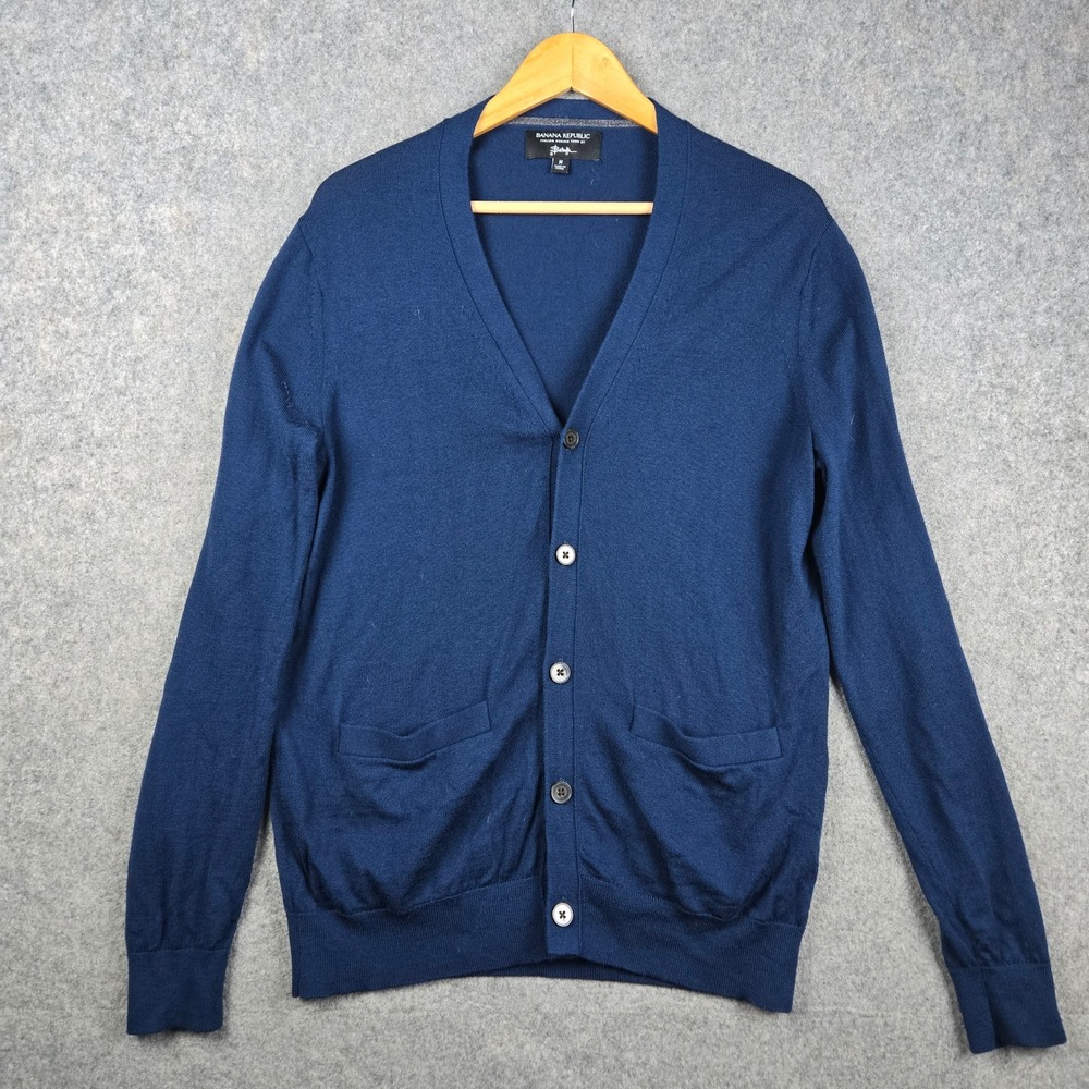 Banana Republic Cardigan Mens M Blue Italian Merino Wool Baruffa Knit Sweater